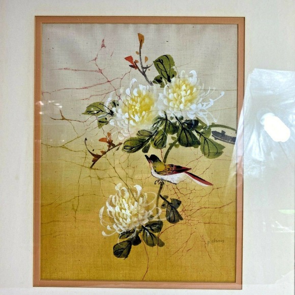 Signed Original Painting of Birds Flowers Framed by P. Chan on Fabric Batik